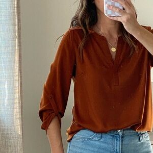 DR2 Burnt Orange V-Neck Roll-Tab Sleeve Blouse